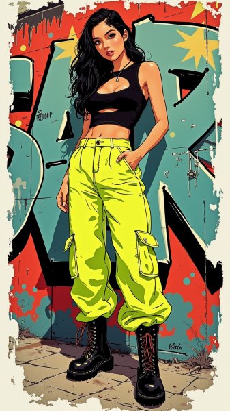 Яркий образ в неоновых шортах и боевых ботинках на фоне уличного искусства. Картинка из нейросети Flux 1
