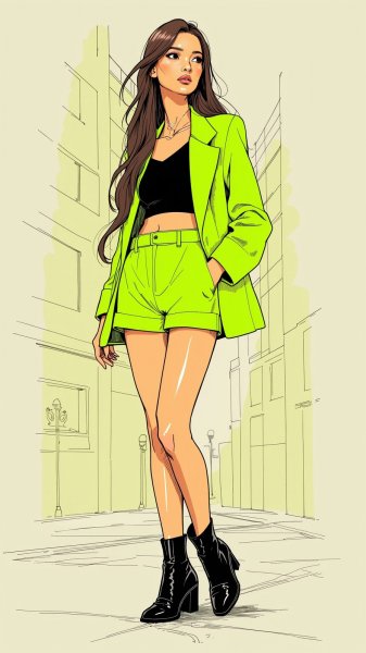 Неоновый стиль: смелое сочетание жакета и шортов в городской панораме. Изображение из нейронной сети Flux Ai