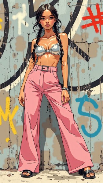 Яркая мода: иллюстрация стильной модели в эффектном образе и граффити-фоне. Нейросеть Flux Ai