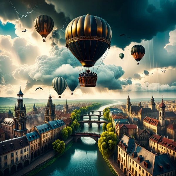 Готический город в облаках: стимпанк-панорама. Картинка из нейронной сети Stable Diffusion