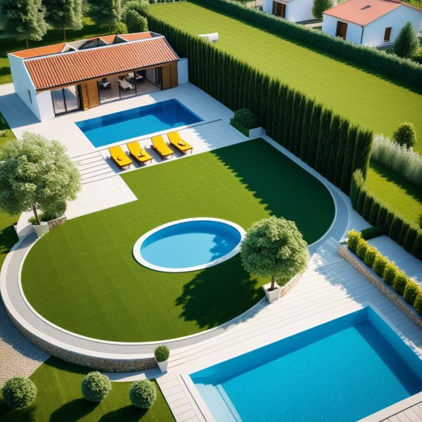 Ландшафтный дизайн участка для загородного дома с бассейном и постройками. Картинка из нейронной сети Stable Diffusion
