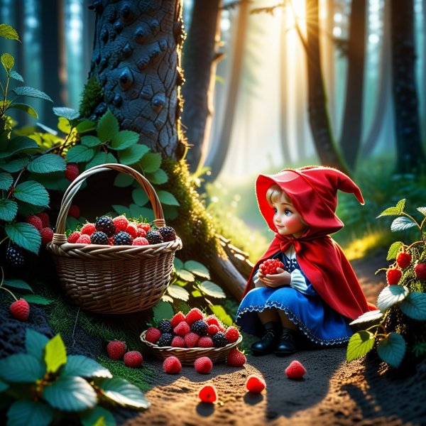 Сказка на рассвете: Красная Шапочка и семь гномов в волшебном лесу. Картинка из нейронной сети Stable Diffusion