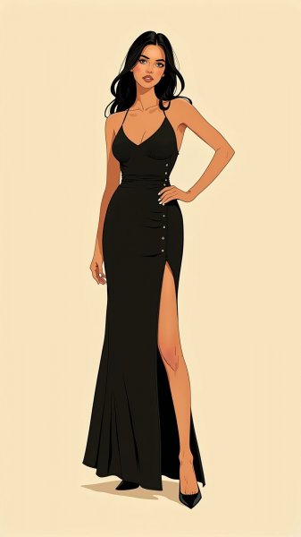 Молодая женщина в черном платье и элегантная поза. Картинка из нейросети Flux 1