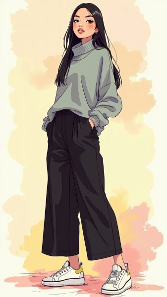 Стильный образ: объемный свитер и широкие брюки в пастельной гамме. Генерация из нейронной сети Flux 1