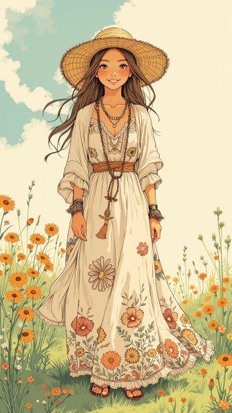 Богемная красота в летнем луче рассвета: мечтательная девушка на поляне. Изображение из нейронной сети Flux 1