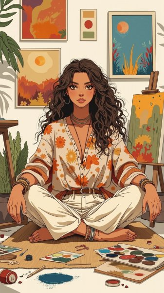 Творческая атмосфера художника в стиле бохо. Изображение из нейросети Flux.1