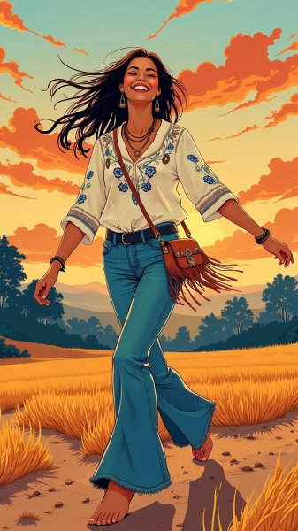 Богемная танцовщица в поле на закате: беззаботность и красота наивного искусства. Картинка из нейронной сети Flux