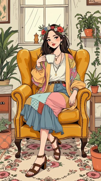 Богемная дама с цветочной короной и чашкой травяного чая. Изображение из нейросети Flux Ai