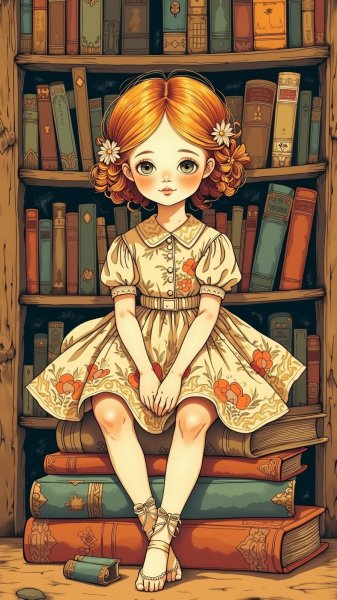 Винтажная кукла в уютной библиотеке: ностальгическая иллюстрация в стиле наивного искусства и фолк-арта. Нейросеть Flux 1