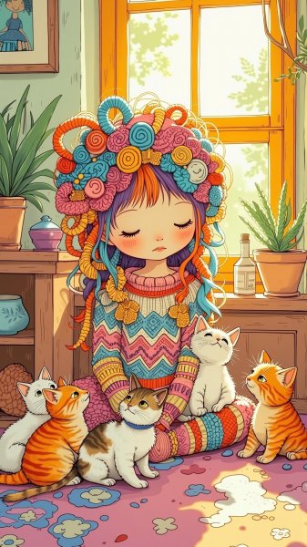 Яркая радость: вязаная кукла и котята в солнечном доме. Нейронная сеть Flux 1