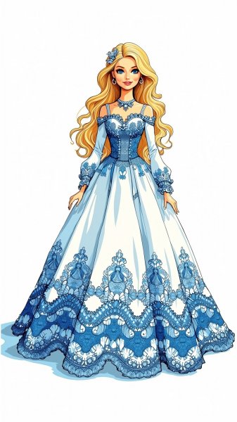 Барби в голубом вязаном платье с пышной юбкой и длинными рукавами. Картинка из нейросети Flux