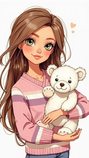 Кукла Барби с мишкой тедди – розовый наряд и каштановые волосы. Нейросеть Flux 1