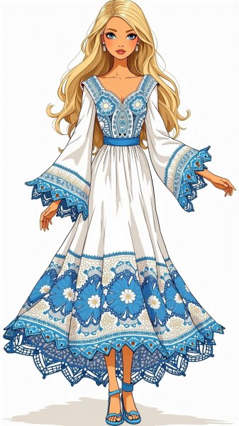 Кукла Барби в вязаном платье голубого и белого цвета. Картинка из нейронной сети Flux Ai