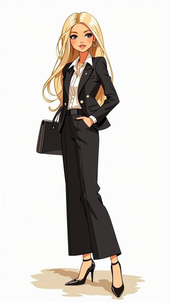 Барби в деловом костюме: уверенность и стиль в черном графическом портрете. Изображение из нейросети Flux.1