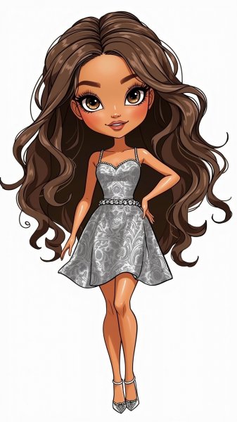 Изящная кукла в серебряном платье с завораживающим взглядом и длинными локонами. Картинка из нейросети Flux