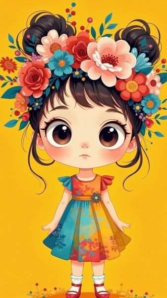 Яркая девушка в платье и цветочной короне: поп-арт стиль. Картинка из нейросети Flux 1