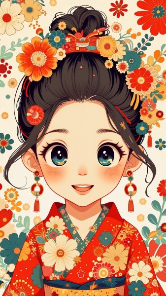 Яркая девочка в кимоно: милое иллюстрация в стиле чиби и мингеи. Генерация из нейронной сети Flux Ai