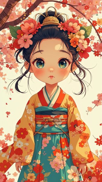 Девушка в традиционном китайском костюме под цветущим деревом. Изображение из нейронной сети Flux.1