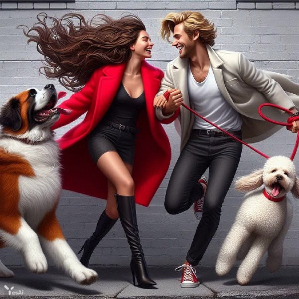 Влюблённые в объятиях с собачьей помощью и зимним волшебством. Нейронная сеть Dalle-3