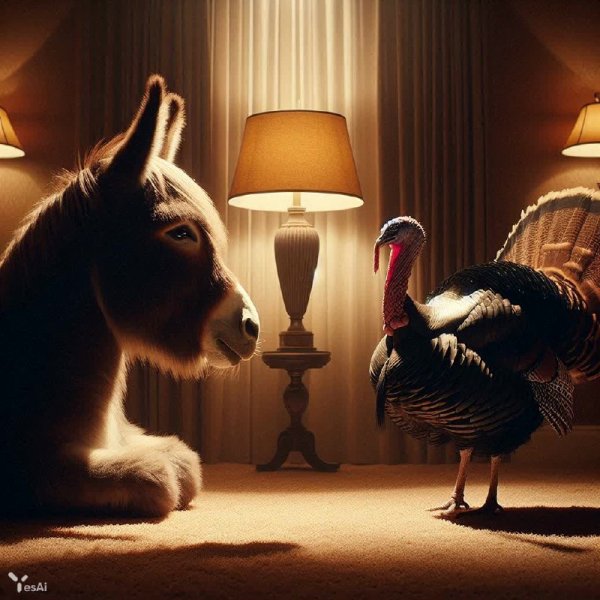 Неожиданная встреча: осел и индейка в уютном зале. Изображение из нейронной сети Dalle 3
