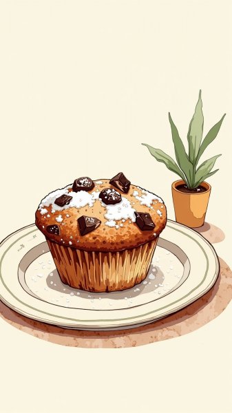 Акварельный маффин с шоколадом: уютный завтрак на тарелке. Нейросеть Flux.1