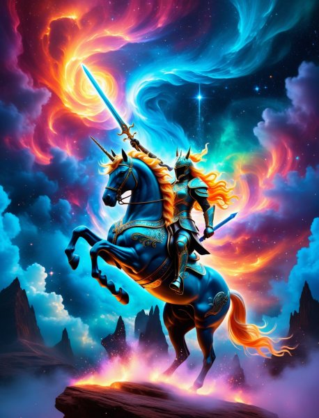 Космическая симфония: воин на единороге в мире кристальных чудес и древних тайн. Нейросеть Stable Diffusion