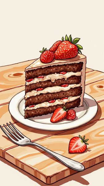 Шоколадный торт со свежей клубникой и кремом. Картинка из нейросети Flux Ai