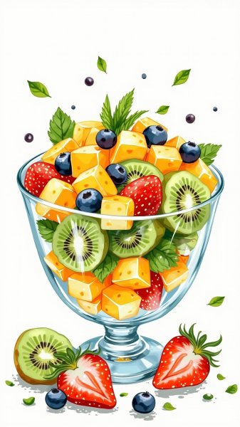 Сочные фрукты в хрустальной вазе: летняя свежесть и яркие краски. Изображение из нейронной сети Flux.1