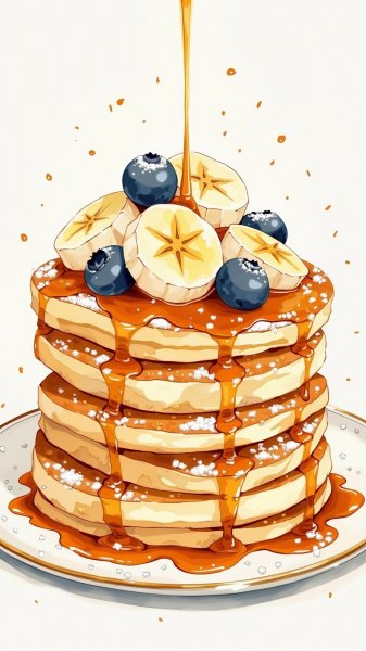 Сладкий завтрак акварелью: стопка пышных блинчиков с фруктами и сиропом. Изображение из нейронной сети Flux