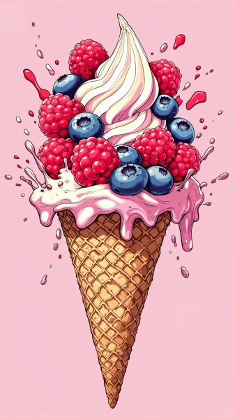 Яркий десерт с ягодами и мороженым. Нейросеть Flux 1