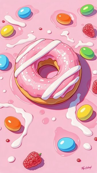 Розовый пончик и яркие конфеты в наивном искусстве. Нейросеть Flux Ai
