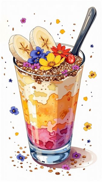 Яркий акварельный смузи боул с фруктами и гранолой. Изображение из нейросети Flux