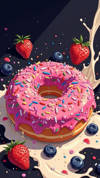 Яркий пончик с клубникой и молоком в художественном стиле. Генерация из нейронной сети Flux Ai
