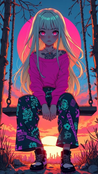 Закат в неоновых тонах: девушка на качелях с яркими татуировками. Нейросеть Flux