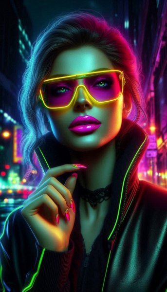 Неоновая магия: портрет роковой красавицы в ночном городе. Картинка из нейросети Далли 3
