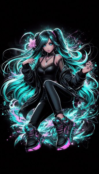 Яркая аниме-девочка: взрыв цвета на чёрном фоне. Изображение из нейросети Dalle