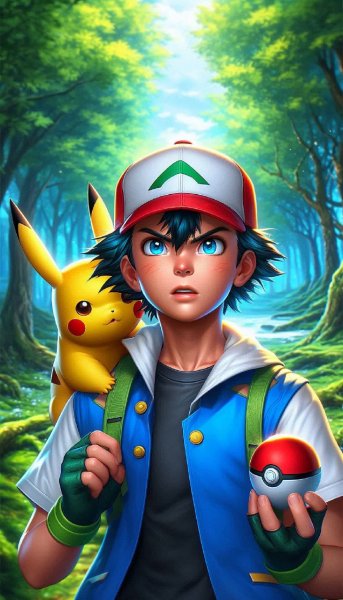 Эш Кетчум и Пикачу: Встреча в изумрудном лесу Покемонов. Картинка из нейронной сети Dalle