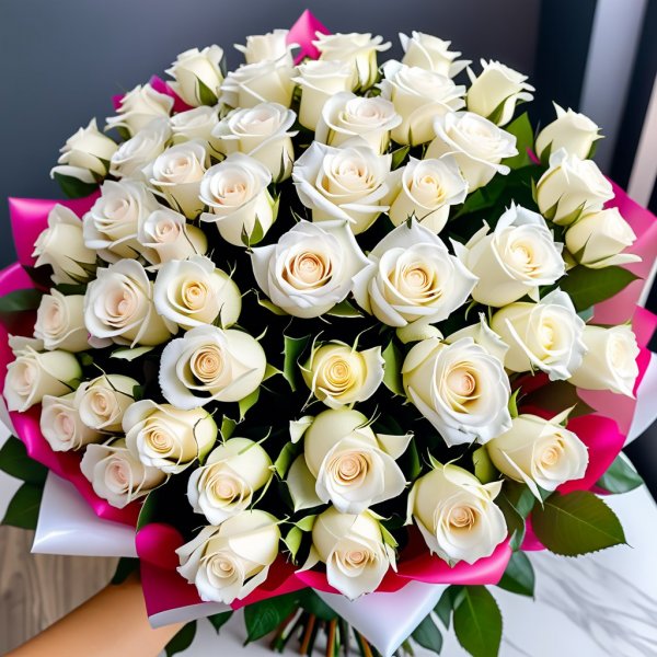 Роскошный букет белых роз с розовым оттенком для празднования дня рождения. Картинка из нейронной сети Stable Diffusion