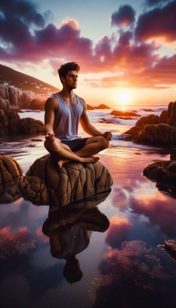 Закат на скалистом берегу: медитация и спокойствие души. Генерация из нейросети Dalle