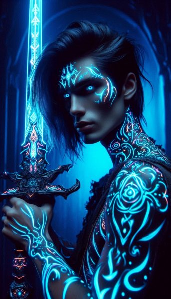 Воин с руническим тату: ультрареалистичный портрет в стиле хиароскуро. Картинка из нейросети Dalle 3