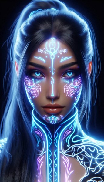 Сияющая татуировка рун на лице девушки с темными волосами. Картинка из нейросети Dalle 3