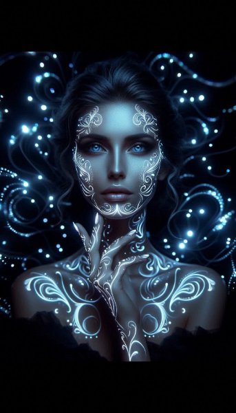 Сияющая татуировка на лице в голубом свете мистических рун. Изображение из нейронной сети Dalle 3