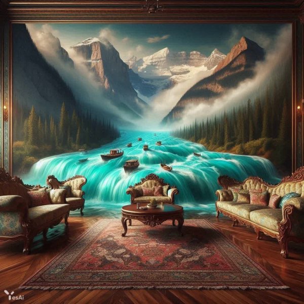 Захватывающая картина: река сбегает из холста в реальность. Картинка из нейронной сети Dalle-3