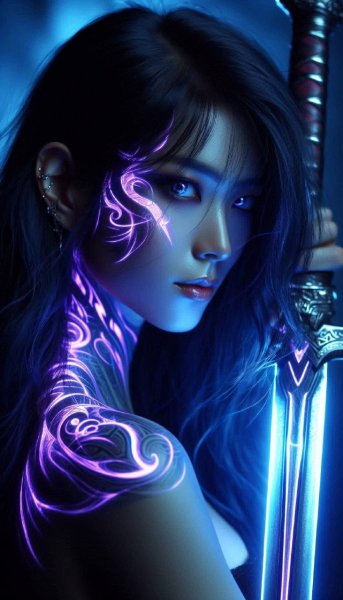 Воин с рунической татуировкой: взгляд сквозь ультрафиолет и тьму волос. Генерация из нейронной сети Dalle 3