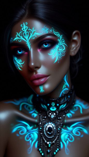 Неоновое татуирование на лице и древние руны. Нейросеть Далли 3