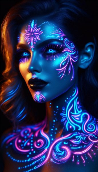 Лицо, украшенное светящимися рунами и таинственным сиянием. Нейросеть Dalle-3