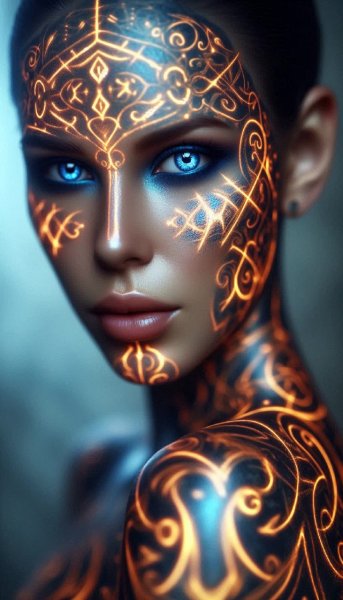 Сияющая руна на лице: взгляд, пронзающий тьму и золото. Картинка из нейросети Dalle