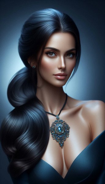 Элегантность в синих тонах: стильный образ с длинными волосами и массивным кулоном. Изображение из нейросети Dalle-3