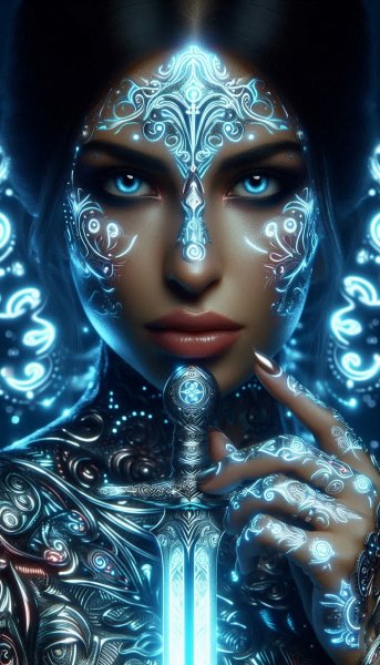 Воинственность и светящиеся руны: портрет с мечом в неоновом стиле. Нейросеть Dalle