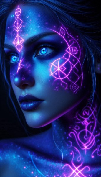 Сияющая руна на лице: неоновый фиолетовый свет и глубокий синий оттенок. Генерация из нейросети Dalle